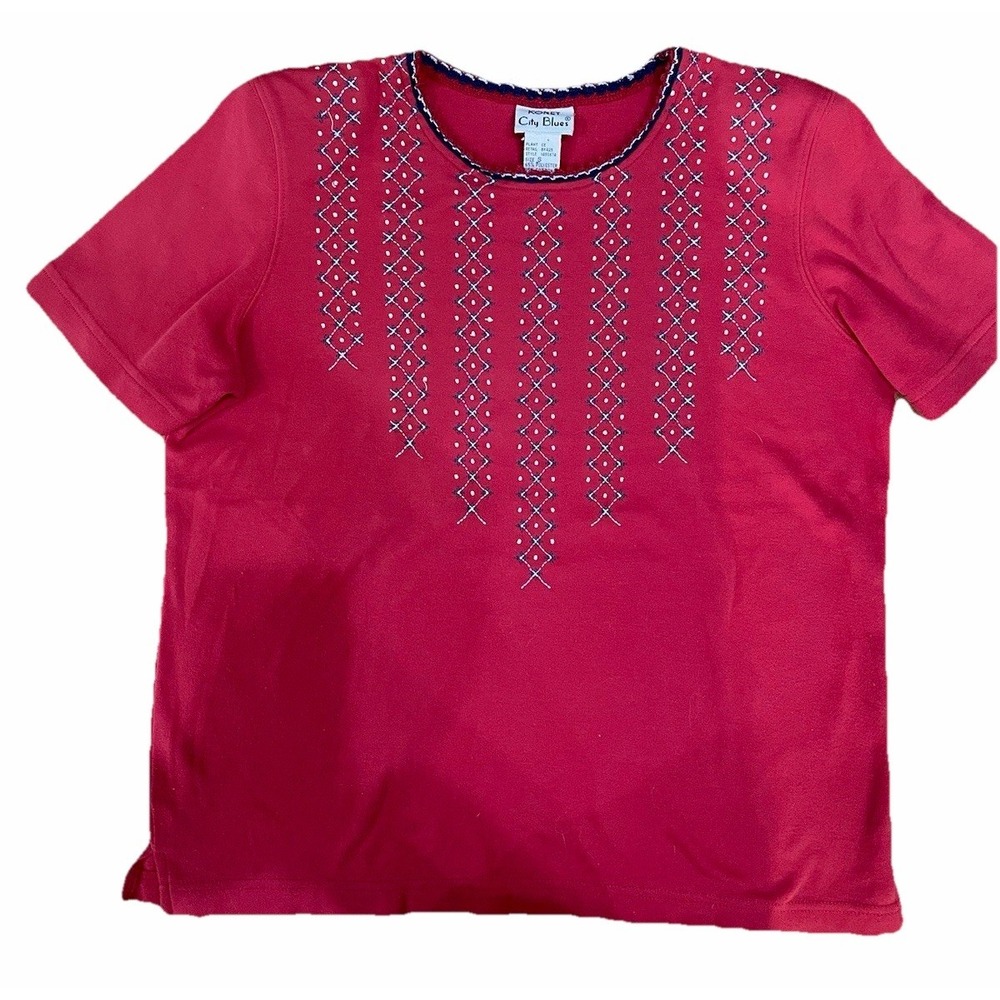 Koret City Blues Vintage Red Knit Geometric Embroidered T-Shirt BK425 Small